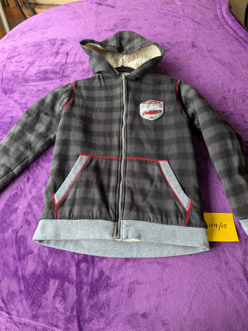 Kids Hooded Zip Front Plaid Jacket - Gray with Red Trim